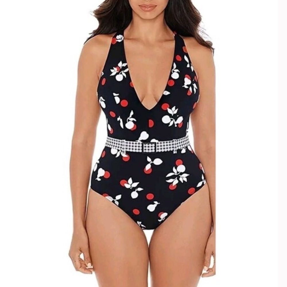 SKINNYDIPPERS cherry printed belted one piece swimsuit sexy vacation travel L - Picture 2 of 8